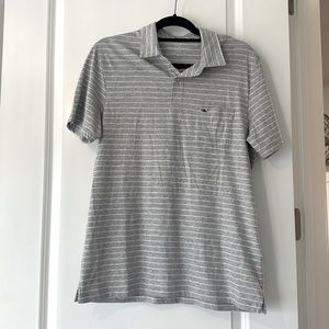 Vineyard Vines men’s short-sleeve polo, gray with a white stripe.